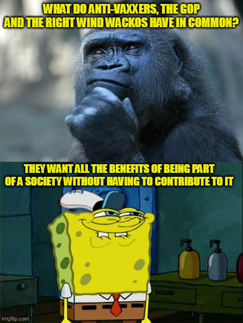 Reminds you of parasites doesn't it? | WHAT DO ANTI-VAXXERS, THE GOP AND THE RIGHT WIND WACKOS HAVE IN COMMON? THEY WANT ALL THE BENEFITS OF BEING PART OF A SOCIETY WITHOUT HAVING TO CONTRIBUTE TO IT | image tagged in deep thoughts,memes,don't you squidward | made w/ Imgflip meme maker