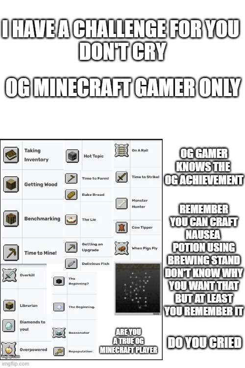 I HAVE A CHALLENGE FOR YOU 
DON'T CRY; OG MINECRAFT GAMER ONLY; OG GAMER KNOWS THE 
OG ACHIEVEMENT; REMEMBER YOU CAN CRAFT NAUSEA 
POTION USING BREWING STAND DON'T KNOW WHY YOU WANT THAT BUT AT LEAST YOU REMEMBER IT; DO YOU CRIED | image tagged in blank white template | made w/ Imgflip meme maker