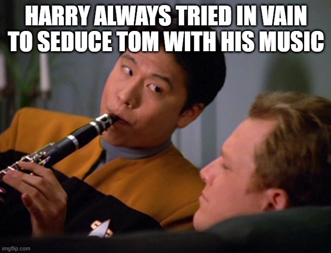Foul Tempter | HARRY ALWAYS TRIED IN VAIN TO SEDUCE TOM WITH HIS MUSIC | image tagged in star trek voyager harry kim | made w/ Imgflip meme maker