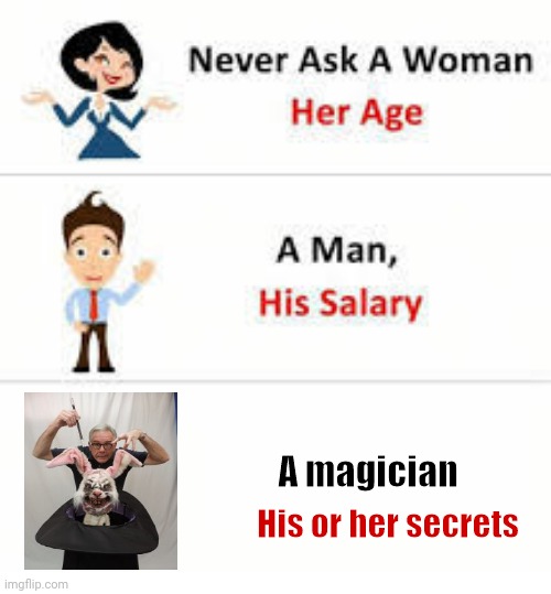 A magician |  A magician; His or her secrets | image tagged in never ask a woman her age,memes,funny,magician,meme,magic | made w/ Imgflip meme maker