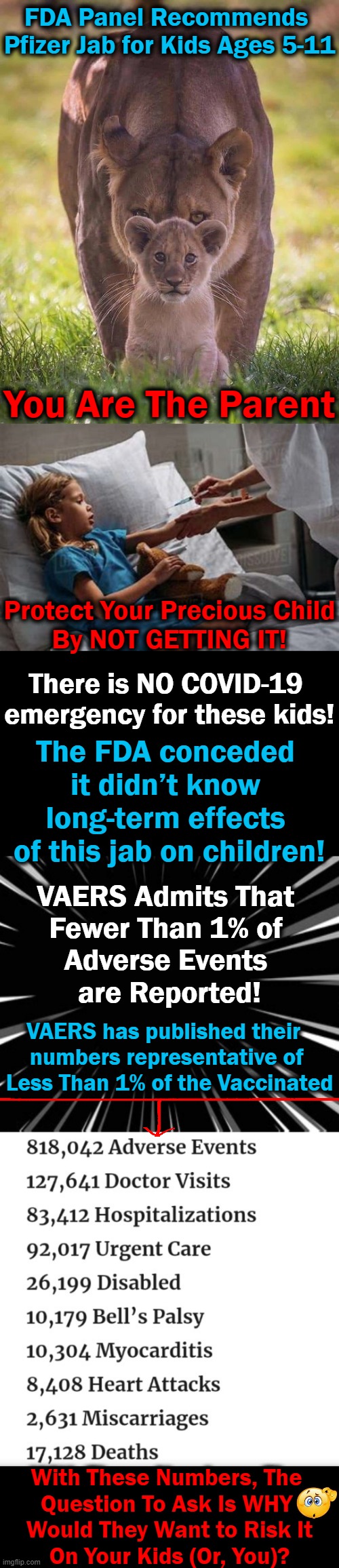 An mRNA Experimental Jab Against a Virus That Kids Have > a 99.997% chance of survival? It Makes NO Sense.... | FDA Panel Recommends 
Pfizer Jab for Kids Ages 5-11; You Are The Parent; Protect Your Precious Child
By NOT GETTING IT! There is NO COVID-19 
emergency for these kids! The FDA conceded 
it didn’t know 
long-term effects 
of this jab on children! VAERS Admits That 
Fewer Than 1% of 
Adverse Events 
are Reported! VAERS has published their  
numbers representative of 
Less Than 1% of the Vaccinated; With These Numbers, The 
Question To Ask Is WHY 
Would They Want to Risk It
On Your Kids (Or, You)? | image tagged in politics,covid vaccine,experiment,fda,vaers,side effects | made w/ Imgflip meme maker