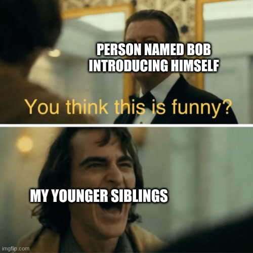 Sorry i had to post this here because I had 0 submissions left in the fun stream | PERSON NAMED BOB INTRODUCING HIMSELF; MY YOUNGER SIBLINGS | image tagged in you think this is funny,sinlings,bob,funny | made w/ Imgflip meme maker