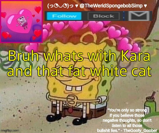 TheWeridSpongebobSimp's wholesome announcement template | Bruh whats with Kara and that fat white cat | image tagged in theweridspongebobsimp's wholesome announcement template | made w/ Imgflip meme maker
