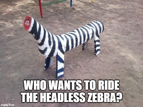 Playground Horrors #6 | WHO WANTS TO RIDE THE HEADLESS ZEBRA? | image tagged in you had one job | made w/ Imgflip meme maker