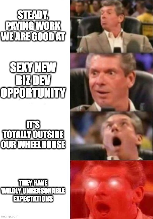 Mr. McMahon reaction | STEADY, PAYING WORK WE ARE GOOD AT; SEXY NEW BIZ DEV OPPORTUNITY; IT'S TOTALLY OUTSIDE OUR WHEELHOUSE; THEY HAVE WILDLY UNREASONABLE EXPECTATIONS | image tagged in mr mcmahon reaction | made w/ Imgflip meme maker