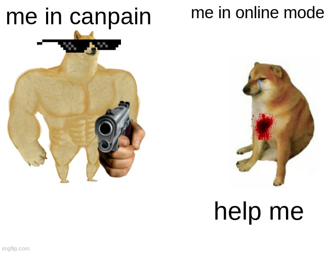 Buff Doge vs. Cheems Meme | me in canpain; me in online mode; help me | image tagged in memes,buff doge vs cheems | made w/ Imgflip meme maker
