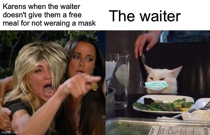 Woman Yelling At Cat Meme | Karens when the waiter doesn't give them a free meal for not weraing a mask; The waiter | image tagged in memes,woman yelling at cat | made w/ Imgflip meme maker