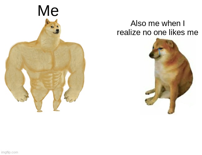 Buff Doge vs. Cheems | Me; Also me when I realize no one likes me | image tagged in memes,buff doge vs cheems | made w/ Imgflip meme maker