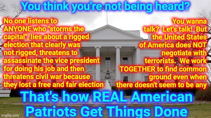 Real American Patriots | You think you're not being heard? No one listens to ANYONE who "storms the capital", lies about a rigged election that clearly was not rigged, threatens to assassinate the vice president for doing his job and then threatens civil war because they lost a free and fair election; You wanna talk?  Let's talk!  But the United States of America does NOT negotiate with terrorists.  We work TOGETHER to find common ground even when there doesn't seem to be any; That's how REAL American Patriots Get Things Done | image tagged in white house,memes,trump lies,trumpublican terrorists are not patriots,democracy,united states | made w/ Imgflip meme maker