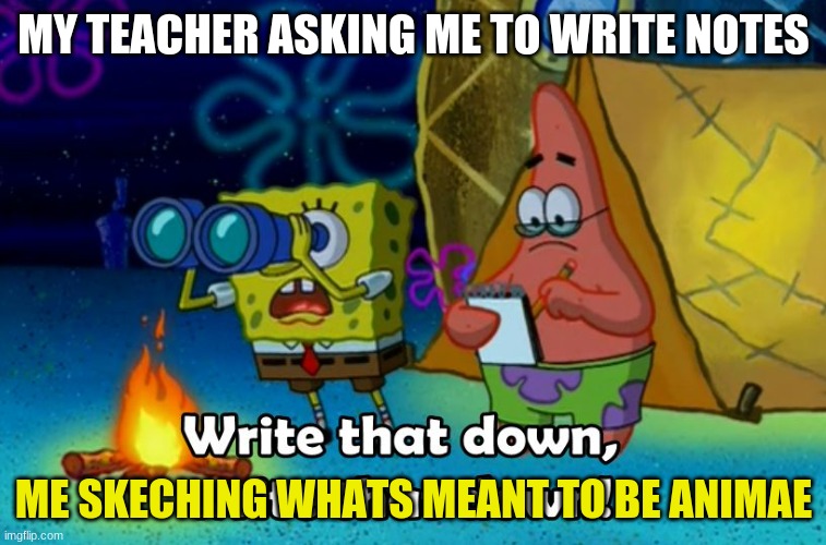 write that down | MY TEACHER ASKING ME TO WRITE NOTES; ME SKECHING WHATS MEANT TO BE ANIMAE | image tagged in write that down | made w/ Imgflip meme maker