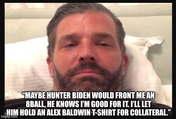 Trump Jr | “MAYBE HUNTER BIDEN WOULD FRONT ME AN 8BALL, HE KNOWS I’M GOOD FOR IT. I’LL LET HIM HOLD AN ALEX BALDWIN T-SHIRT FOR COLLATERAL.” | image tagged in trump jr,political meme | made w/ Imgflip meme maker