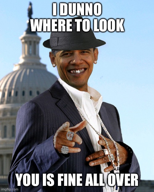 Obama Pimpin Playa | I DUNNO WHERE TO LOOK YOU IS FINE ALL OVER | image tagged in obama pimpin playa | made w/ Imgflip meme maker