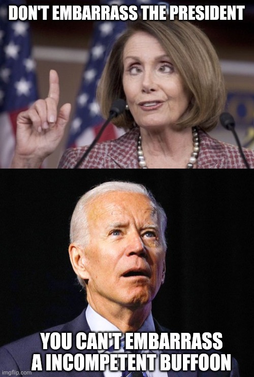 DON'T EMBARRASS THE PRESIDENT; YOU CAN'T EMBARRASS A INCOMPETENT BUFFOON | image tagged in nancy pelosi,joe biden | made w/ Imgflip meme maker