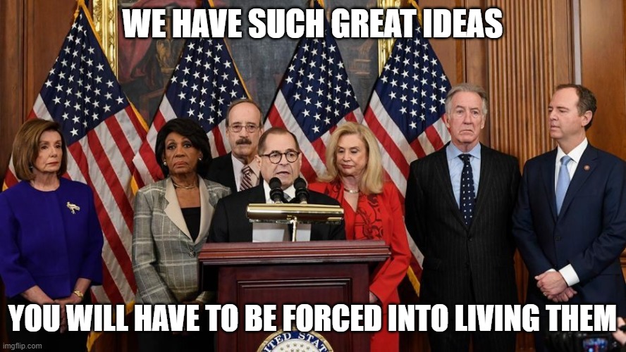 House Democrats | WE HAVE SUCH GREAT IDEAS YOU WILL HAVE TO BE FORCED INTO LIVING THEM | image tagged in house democrats | made w/ Imgflip meme maker