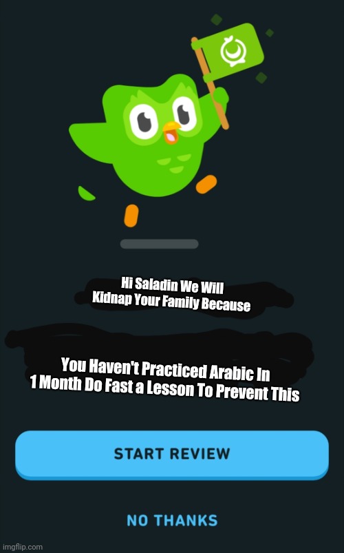 Duolingo When You Haven't Opened The App In 1 Month | Hi Saladin We Will Kidnap Your Family Because; You Haven't Practiced Arabic In 1 Month Do Fast a Lesson To Prevent This | image tagged in duolingo gun,duolingo bird,duolingo,name a more iconic duo,bad duo | made w/ Imgflip meme maker
