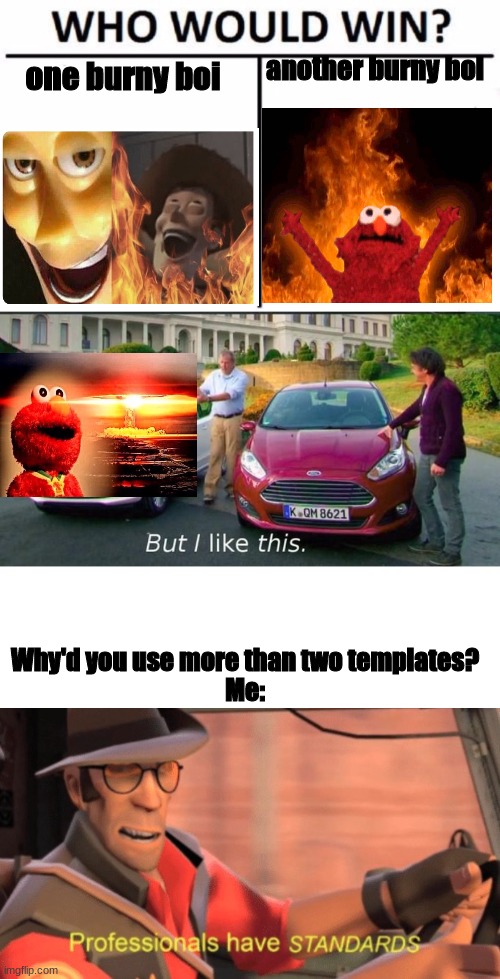 *Evil laughter* | another burny boi; one burny boi; Why'd you use more than two templates?

Me: | image tagged in memes,who would win,this is brilliant but i like this,professionals have standards | made w/ Imgflip meme maker