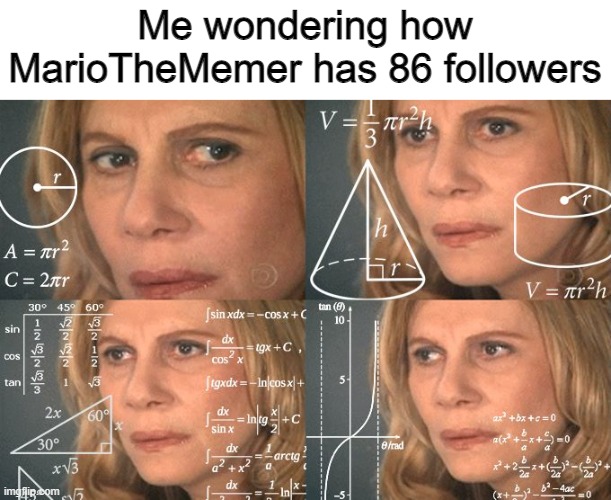 hmmmmmmmmmmmmmmmmmmm (Wallhammer: maybe clowns from circus followed him lol) | Me wondering how MarioTheMemer has 86 followers | image tagged in calculating meme | made w/ Imgflip meme maker