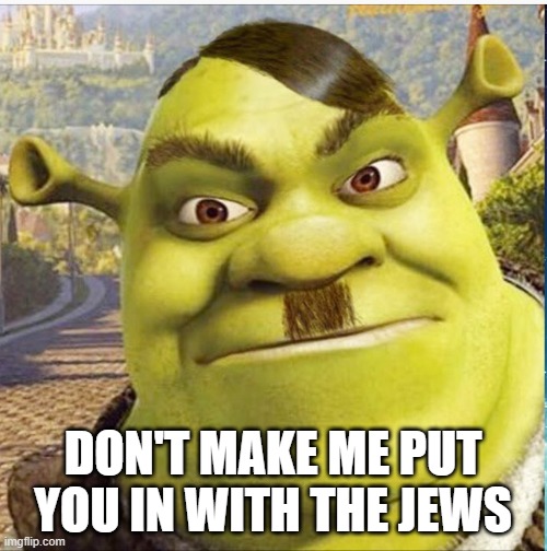 Hitler  Shrek  | DON'T MAKE ME PUT YOU IN WITH THE JEWS | image tagged in hitler shrek | made w/ Imgflip meme maker