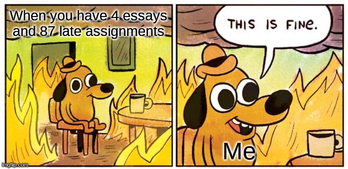 Missing work | When you have 4 essays and 87 late assignments; Me | image tagged in memes,this is fine | made w/ Imgflip meme maker