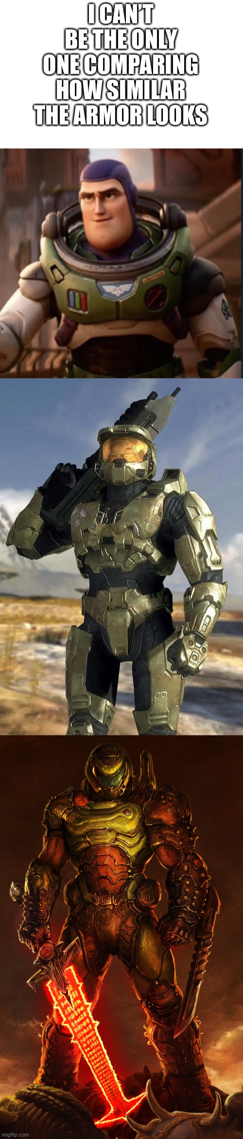 I CAN’T BE THE ONLY ONE COMPARING HOW SIMILAR THE ARMOR LOOKS | image tagged in master chief,doomguy | made w/ Imgflip meme maker