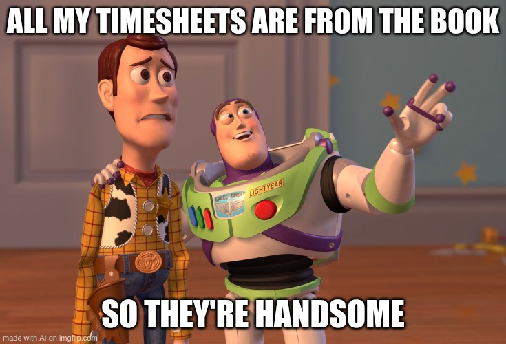 X, X Everywhere Meme | ALL MY TIMESHEETS ARE FROM THE BOOK; SO THEY'RE HANDSOME | image tagged in memes,x x everywhere | made w/ Imgflip meme maker