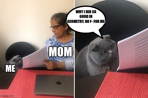Woman showing paper to cat | WHY I DID SO GOOD IN GEOMETRY. NO F- FOR ME; MOM; ME | image tagged in woman showing paper to cat | made w/ Imgflip meme maker