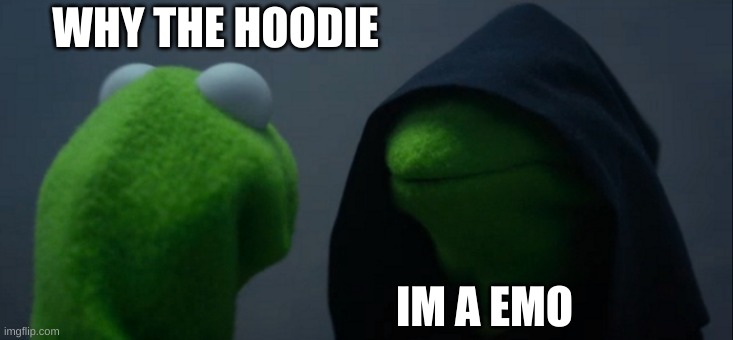 Evil Kermit | WHY THE HOODIE; IM A EMO | image tagged in memes,evil kermit | made w/ Imgflip meme maker
