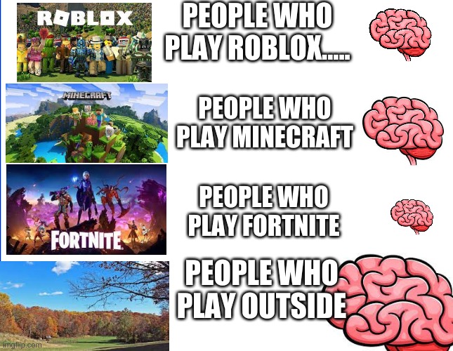 Gaming Meme | PEOPLE WHO PLAY ROBLOX..... PEOPLE WHO PLAY MINECRAFT; PEOPLE WHO PLAY FORTNITE; PEOPLE WHO PLAY OUTSIDE | image tagged in funny,gaming,truth | made w/ Imgflip meme maker