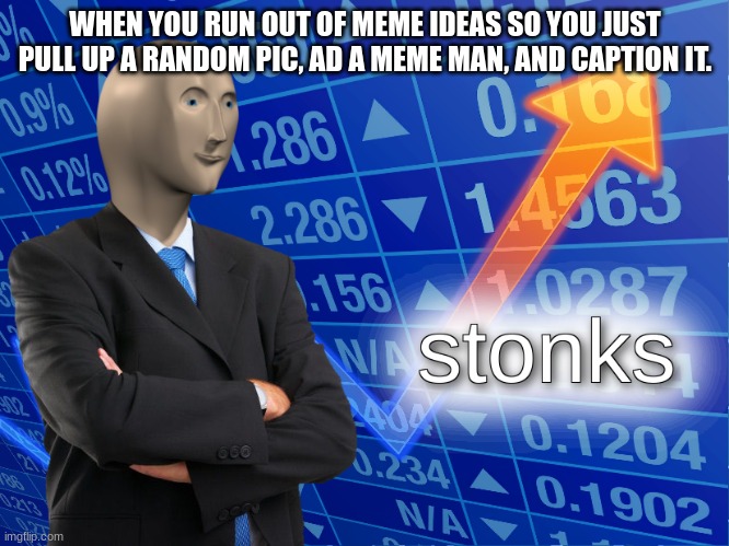 stonks | WHEN YOU RUN OUT OF MEME IDEAS SO YOU JUST PULL UP A RANDOM PIC, AD A MEME MAN, AND CAPTION IT. | image tagged in stonks | made w/ Imgflip meme maker