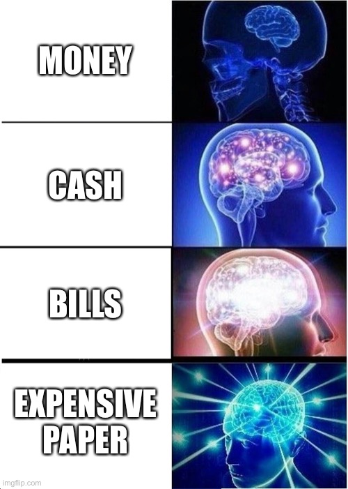 expensive | MONEY; CASH; BILLS; EXPENSIVE PAPER | image tagged in memes,expanding brain,funny | made w/ Imgflip meme maker