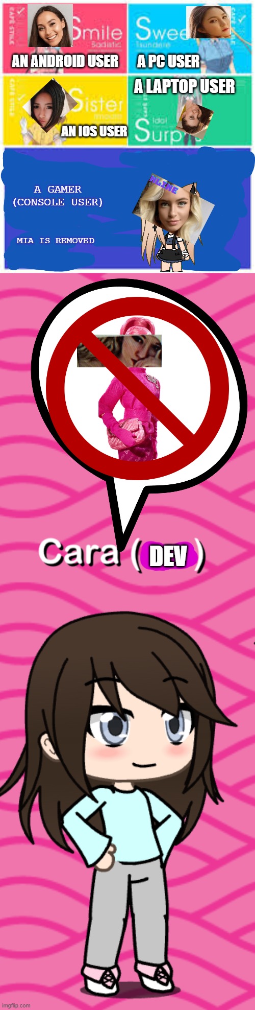 No more mia doll! | AN ANDROID USER; A PC USER; A LAPTOP USER; AN IOS USER; A GAMER (CONSOLE USER); MIA IS REMOVED; DEV | image tagged in memes,mia doll,pop up school | made w/ Imgflip meme maker