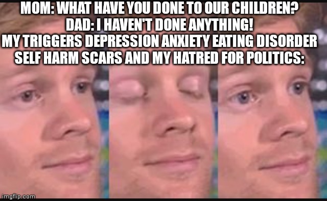 Blinking guy | MOM: WHAT HAVE YOU DONE TO OUR CHILDREN?
DAD: I HAVEN'T DONE ANYTHING!
MY TRIGGERS DEPRESSION ANXIETY EATING DISORDER SELF HARM SCARS AND MY HATRED FOR POLITICS: | image tagged in blinking guy | made w/ Imgflip meme maker