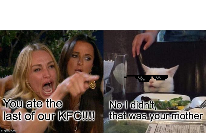 Woman Yelling At Cat Meme | You ate the last of our KFC!!!! No I didn't, that was your mother | image tagged in memes,woman yelling at cat | made w/ Imgflip meme maker