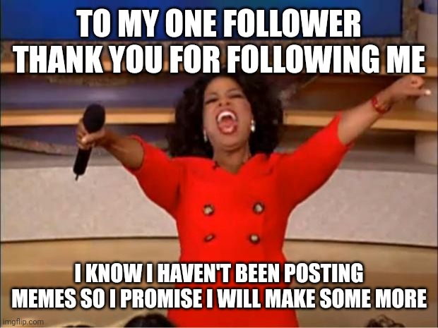 Thank you so much! | TO MY ONE FOLLOWER THANK YOU FOR FOLLOWING ME; I KNOW I HAVEN'T BEEN POSTING MEMES SO I PROMISE I WILL MAKE SOME MORE | image tagged in memes,oprah you get a,thank you,follow | made w/ Imgflip meme maker