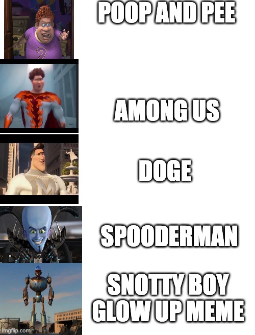 Blank White Template | POOP AND PEE; AMONG US; DOGE; SPOODERMAN; SNOTTY BOY GLOW UP MEME | image tagged in blank white template | made w/ Imgflip meme maker