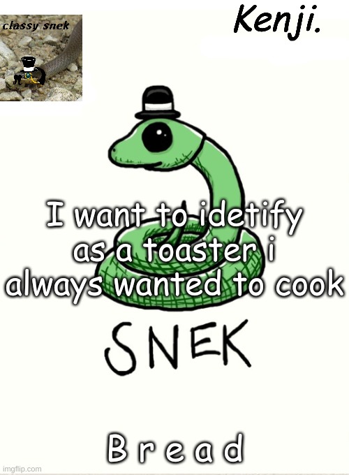 snek | I want to idetify as a toaster i always wanted to cook; B r e a d | image tagged in snek | made w/ Imgflip meme maker