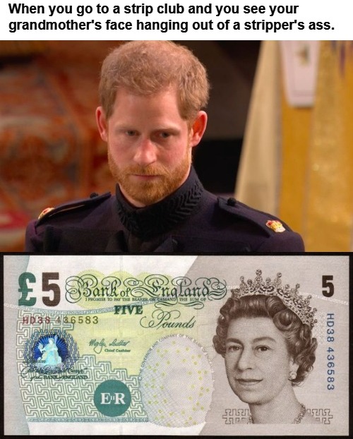 Sad Prince Harry | When you go to a strip club and you see your grandmother's face hanging out of a stripper's ass. | image tagged in sad prince harry,prince harry,strippers,asshole,whorehouse,dirty deeds | made w/ Imgflip meme maker