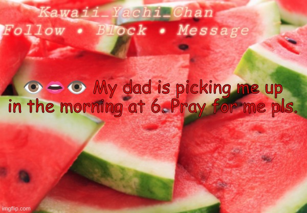 Yachi's temp | 👁️👄👁️ My dad is picking me up in the morning at 6. Pray for me pls. | image tagged in yachi's temp | made w/ Imgflip meme maker