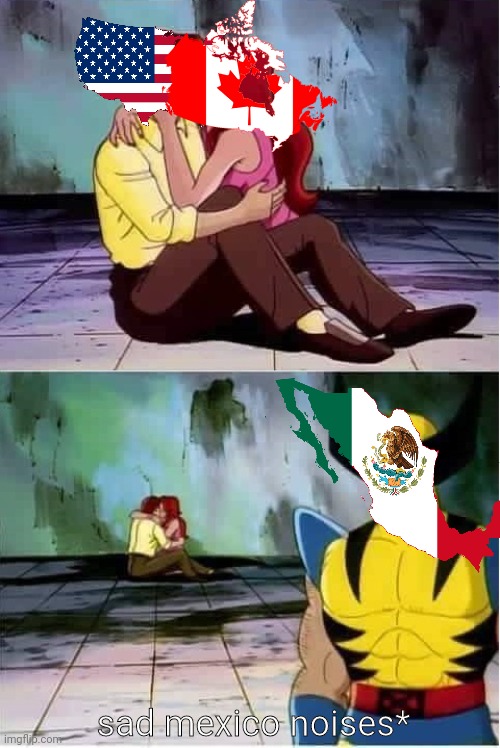 Mexico the third wheel | sad mexico noises* | image tagged in sad wolverine left out of party,third wheel,mexico,canada,america | made w/ Imgflip meme maker