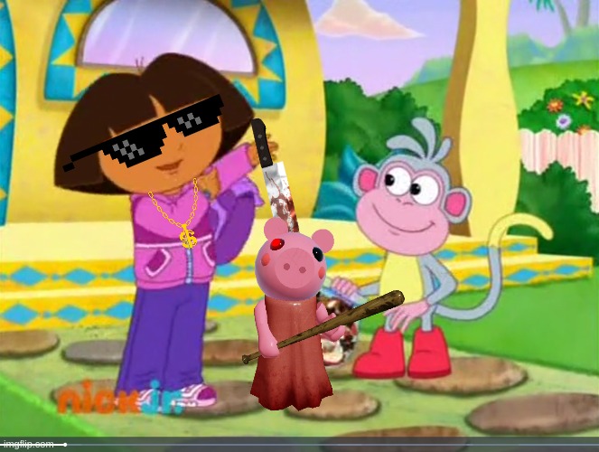 Dora Killing Piggy | image tagged in dora packing up,dora the explorer,roblox piggy,piggy,granny | made w/ Imgflip meme maker