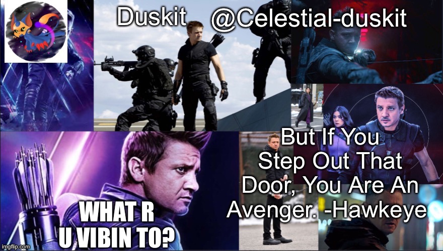 Duskit’s hawkeye temp | WHAT R U VIBIN TO? | image tagged in duskit s hawkeye temp | made w/ Imgflip meme maker