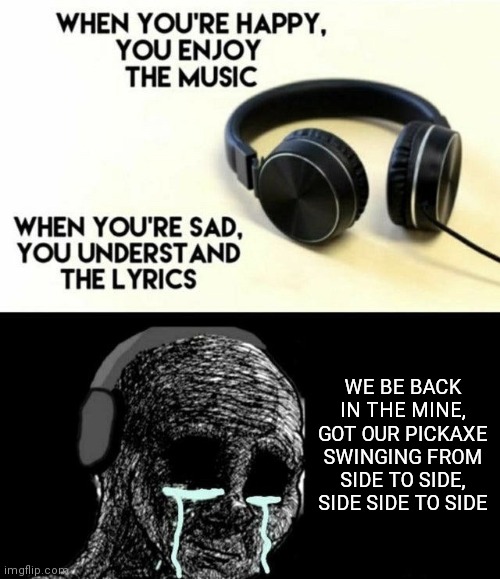 When you’re happy you enjoy the music | WE BE BACK IN THE MINE, GOT OUR PICKAXE SWINGING FROM SIDE TO SIDE, SIDE SIDE TO SIDE | image tagged in when you re happy you enjoy the music | made w/ Imgflip meme maker