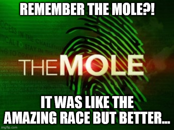 REMEMBER THE MOLE?! IT WAS LIKE THE AMAZING RACE BUT BETTER... | image tagged in memes | made w/ Imgflip meme maker