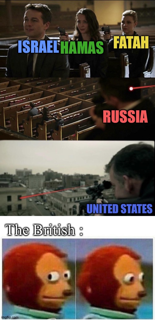 This conflict meme might be incorrect | FATAH; HAMAS; ISRAEL; RUSSIA; UNITED STATES; The British : | image tagged in assassination chain extended,memes,monkey puppet | made w/ Imgflip meme maker