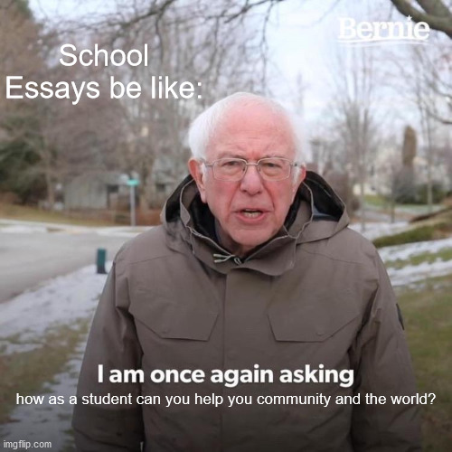 Essays in a nutshell | School Essays be like:; how as a student can you help you community and the world? | image tagged in memes,bernie i am once again asking for your support | made w/ Imgflip meme maker