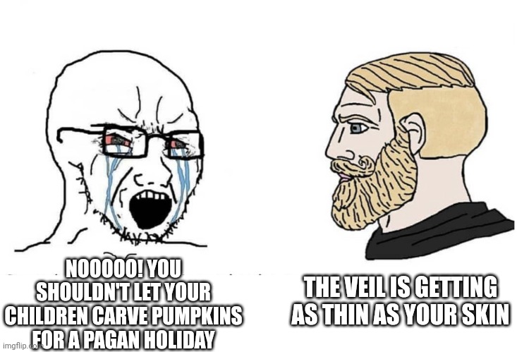 The veil is thinning | NOOOOO! YOU SHOULDN'T LET YOUR CHILDREN CARVE PUMPKINS FOR A PAGAN HOLIDAY; THE VEIL IS GETTING AS THIN AS YOUR SKIN | image tagged in soyboy vs yes chad,halloween | made w/ Imgflip meme maker