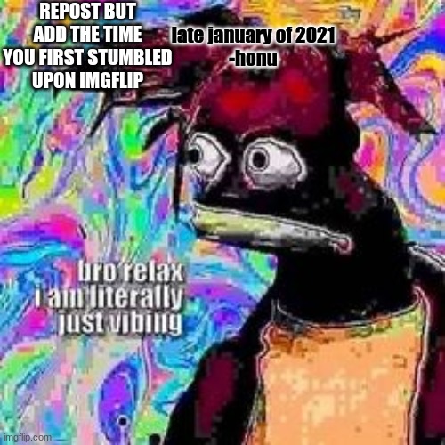 i deleted once | REPOST BUT ADD THE TIME YOU FIRST STUMBLED UPON IMGFLIP; late january of 2021
-honu | image tagged in vibin | made w/ Imgflip meme maker