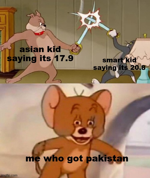 Tom and Jerry swordfight | asian kid saying its 17.9; smart kid saying its 20.8; me who got pakistan | image tagged in tom and jerry swordfight | made w/ Imgflip meme maker