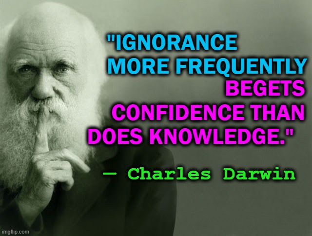 He must have perused Imgflip | "IGNORANCE MORE FREQUENTLY; BEGETS CONFIDENCE THAN DOES KNOWLEDGE."; — Charles Darwin | image tagged in charles darwin,ignorance,knowledge | made w/ Imgflip meme maker