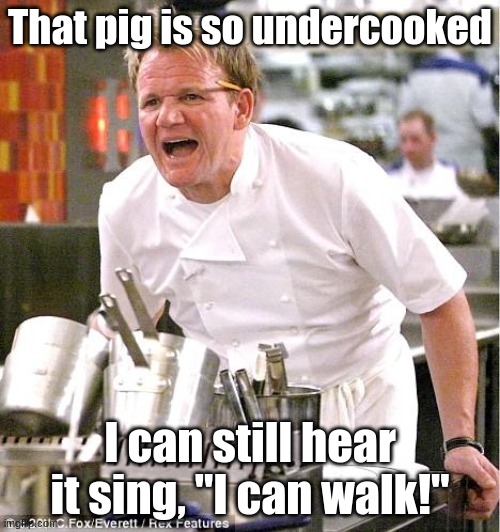 Did this with mah besties, we "hosted" a late night show, and we came up with, "Cooking roasts to ruin your childhood" Did i do  | That pig is so undercooked; I can still hear it sing, "I can walk!" | image tagged in memes,chef gordon ramsay | made w/ Imgflip meme maker